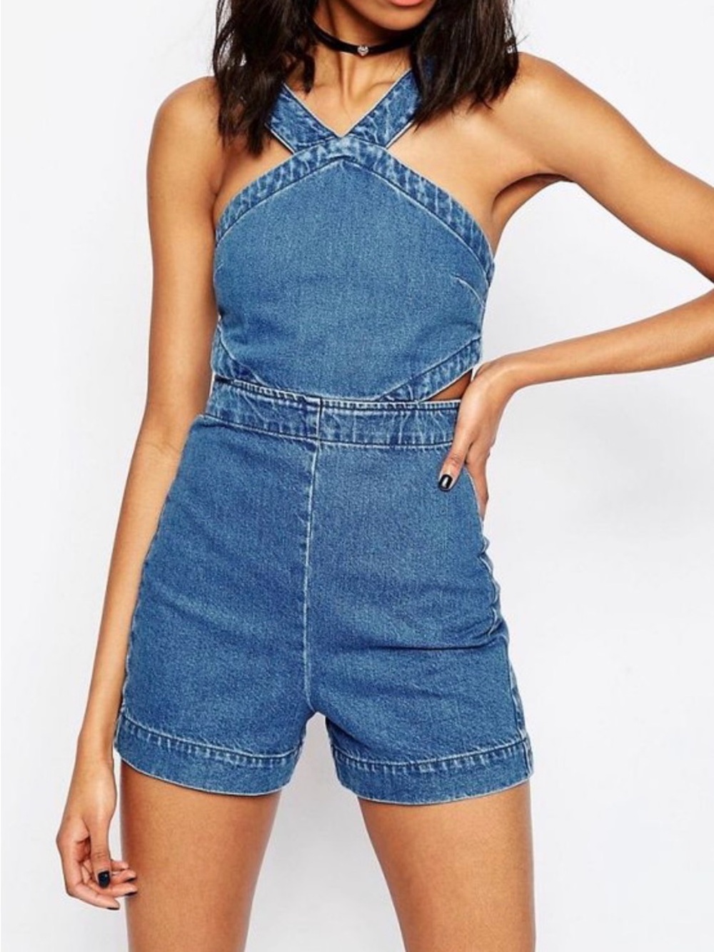 ASOS Denim Cut Out Romper Blue Jean Playsuit UK 14 US 10 Open Back